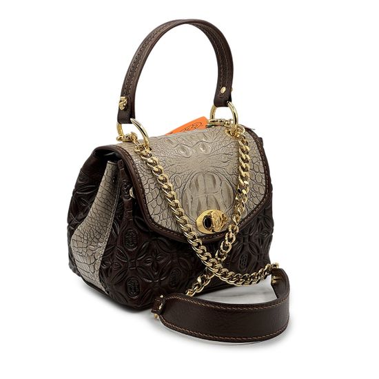 Сумка Marino Orlandi бежево-коричневая кожаная тиснение "крокодил" - фото 2,