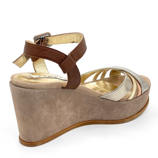 Босоножки Tiffi коричнево-золотые кожаные с замшевыми вставками - фото 3, 