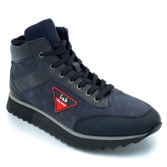 Кроссовки Lab Milano черно-синие МЕХ комбинация кожи и нубука - фото 2, 