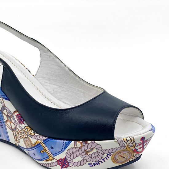 Босоножки Santini синие кожаные на расписной танкетке - фото 6, 