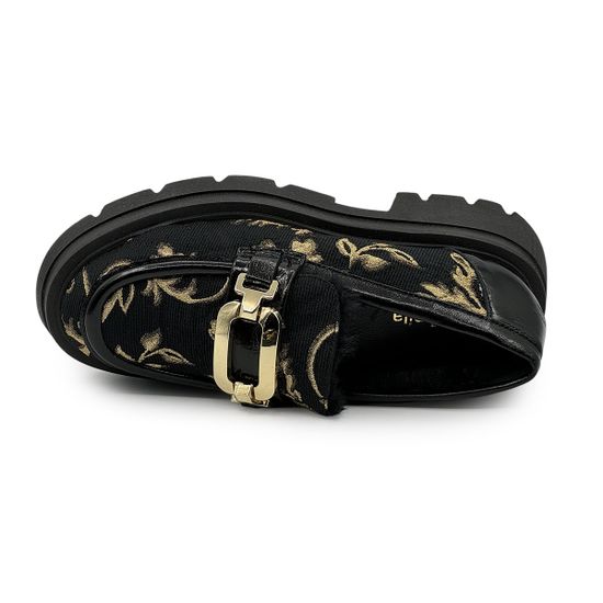 Лоферы NILA NILA текстильные черно-золотые на меху - фото 5, ELENAMOC01M NIL NERO