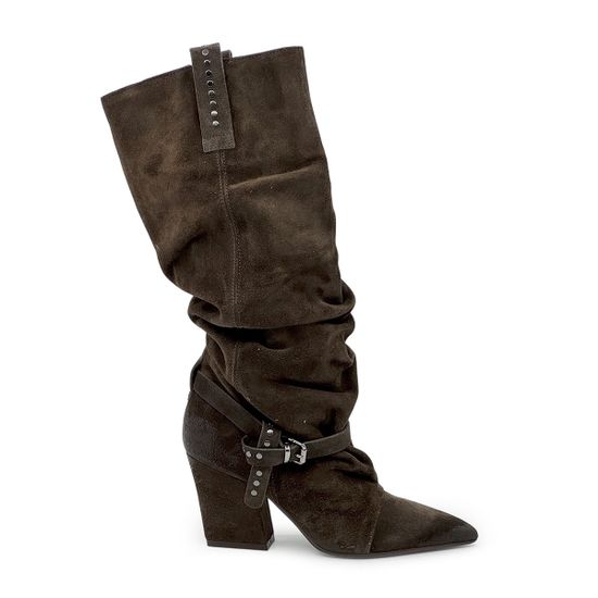 Полусапоги казаки MIMMU коричневые замшевые демисезонные - фото 1, M2726M13 MIM CASTAGNO