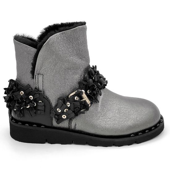 Ботинки Mimmu черно-серебряные кожаные МЕХ - фото 1, BOOTH2 MIM