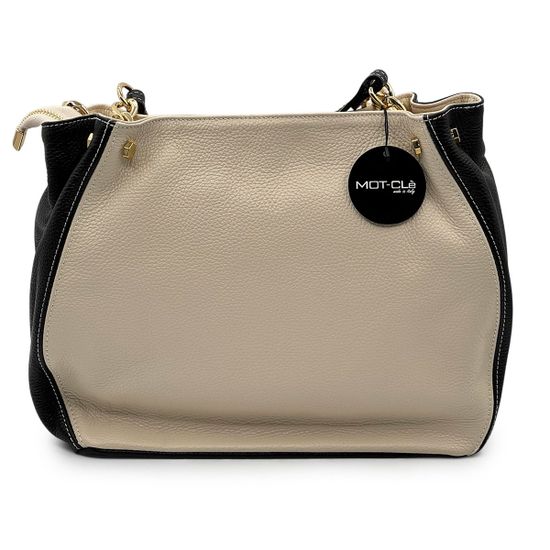 Сумка MOT-CLE кожаная бежевая/черная - фото 3,