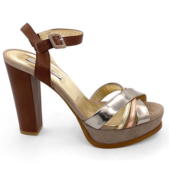 Босоножки Tiffi коричнево-золотые кожаные с замшевыми вставками - фото 1, 