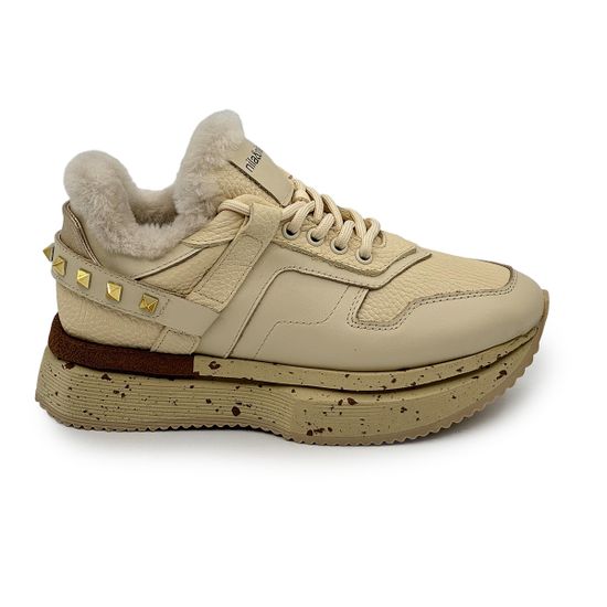 Кроссовки NILA&NILA бежевые кожаные на меху - фото 1, NO6466M NIL BEIGE