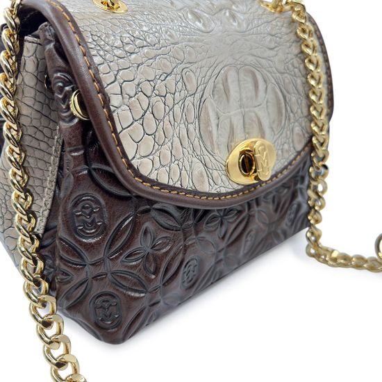 Сумка Marino Orlandi бежево-коричневая кожаная тиснение "крокодил" - фото 4,