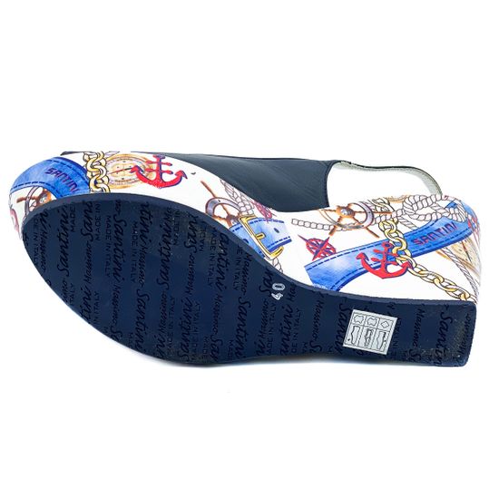 Босоножки Santini синие кожаные на расписной танкетке - фото 5, 