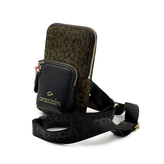 Сумка кросс-боди Braccialini черная/коричневая кожаная с принтом "леопард" - фото 2,