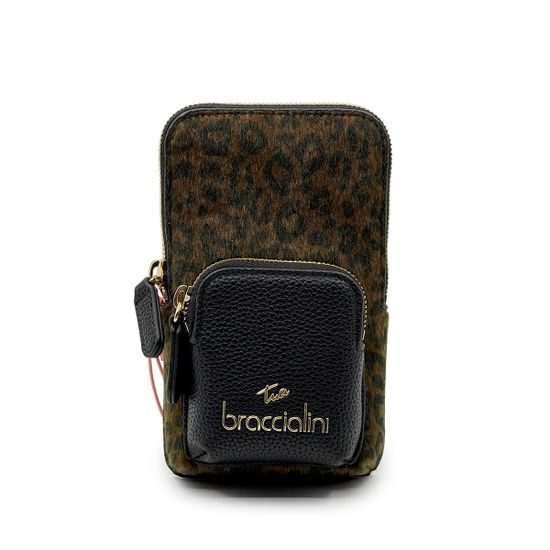 Сумка кросс-боди Braccialini черная/коричневая кожаная с принтом "леопард" - фото 1,