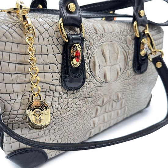 Сумка Marino Orlandi бежево-черная кожаная тиснение "крокодил" - фото 4,
