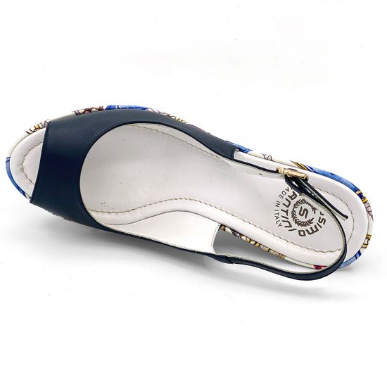 Босоножки Santini синие кожаные на расписной танкетке - фото 4, 