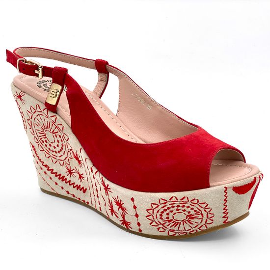 Босоножки Santini замшевые красные на расписной танкетке - фото 2, 