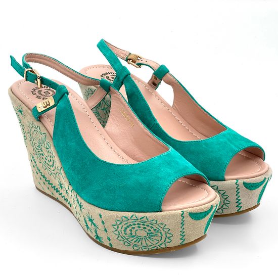 Босоножки Santini замшевые зеленые на расписной танкетке - фото 7, 