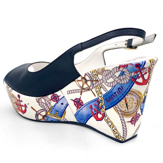 Босоножки Santini синие кожаные на расписной танкетке - фото 3, 