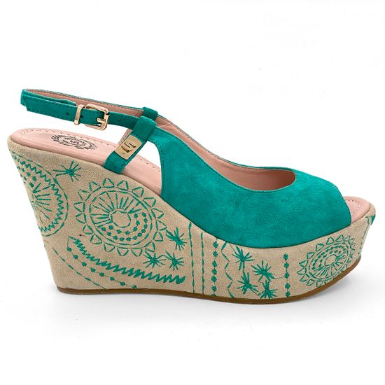 Босоножки Santini замшевые зеленые на расписной танкетке - фото 1, 