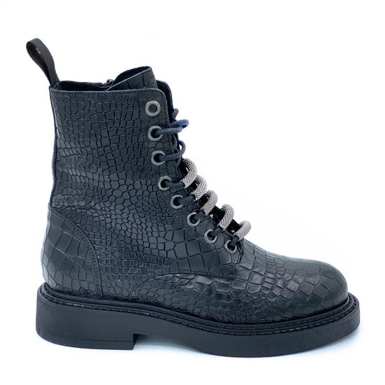Ботинки Mimmu черные кожаные демисезонные тиснение под крокодила - фото 1, 