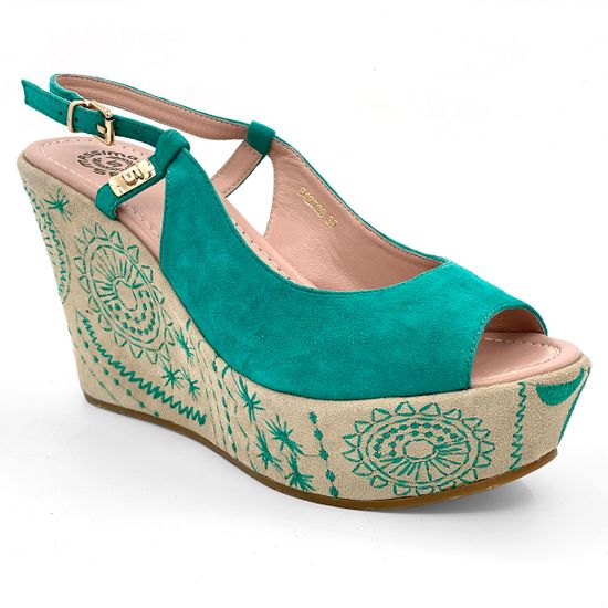 Босоножки Santini замшевые зеленые на расписной танкетке - фото 2, 