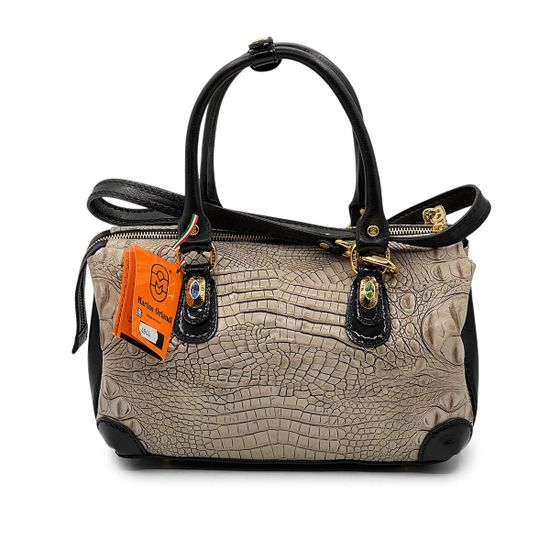 Сумка Marino Orlandi бежево-черная кожаная тиснение "крокодил" - фото 3,