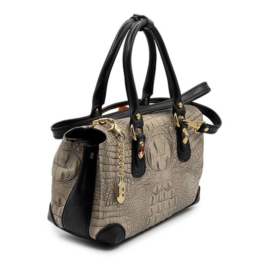 Сумка Marino Orlandi бежево-черная кожаная тиснение "крокодил" - фото 2,