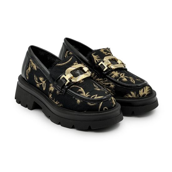 Лоферы NILA NILA текстильные черно-золотые на меху - фото 8, ELENAMOC01M NIL NERO