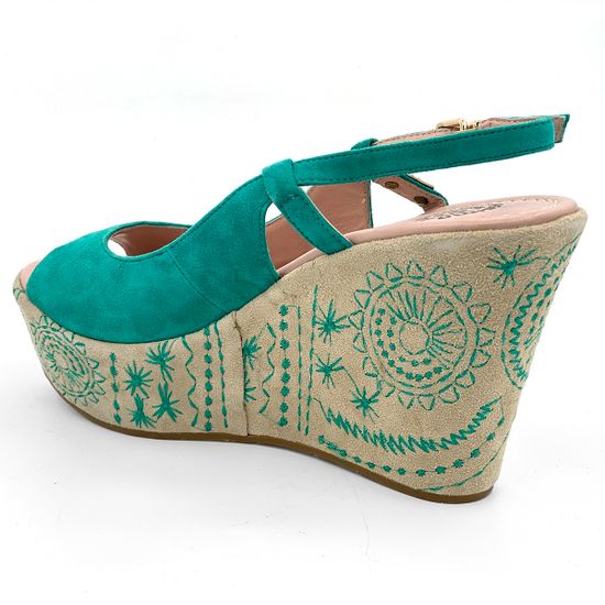 Босоножки Santini замшевые зеленые на расписной танкетке - фото 3, 