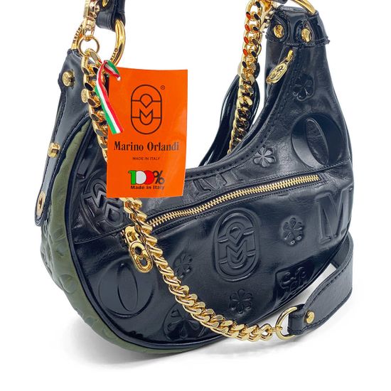 Сумка-банан Marino Orlandi черно-зеленая кожаная - фото 4, 