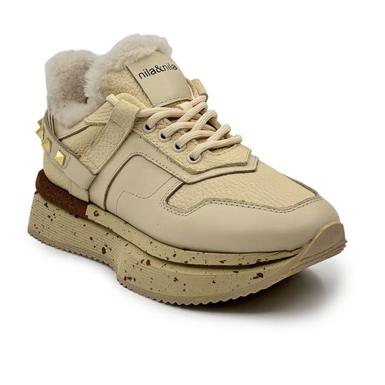 Кроссовки NILA&NILA бежевые кожаные на меху - фото 2, NO6466M NIL BEIGE