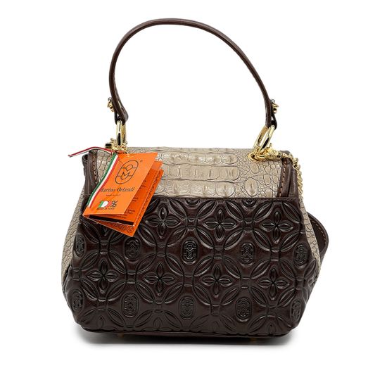 Сумка Marino Orlandi бежево-коричневая кожаная тиснение "крокодил" - фото 3,