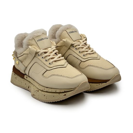 Кроссовки NILA&NILA бежевые кожаные на меху - фото 8, NO6466M NIL BEIGE