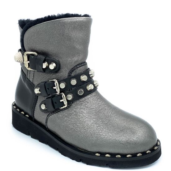 Ботинки Mimmu черно-серебряные кожаные МЕХ - фото 2, BOOTH3 MIM