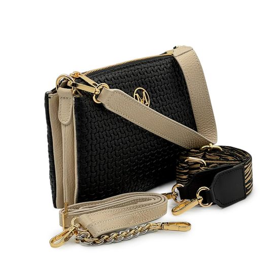 Сумка кросс-боди MOT-CLE кожаная черно-бежевая c "золотой" фурнитурой - фото 2, TRIS MOT NERO BEIGE