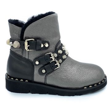 Ботинки Mimmu черно-серебряные кожаные МЕХ - фото 1, BOOTH3 MIM