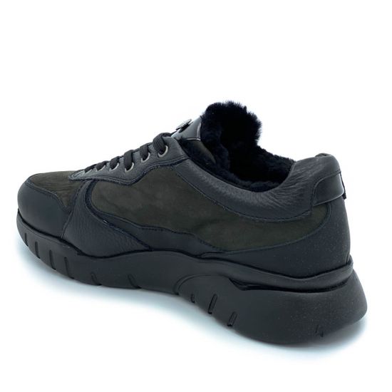 Кроссовки Lab Milano черно-зеленые кожаные МЕХ - фото 3, 