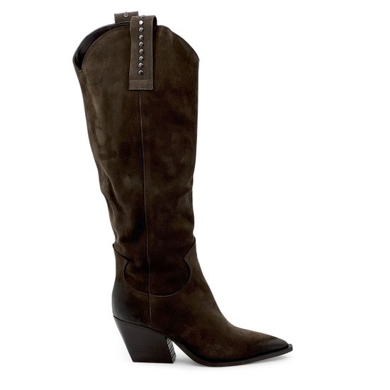 Сапоги казаки MIMMU коричневые замшевые демисезонные - фото 1, M855M2B MIM CASTAGNO