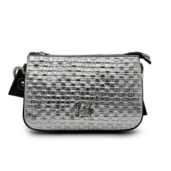 Клатч Renato Angi серебристый кожаный с плетением - фото 1,